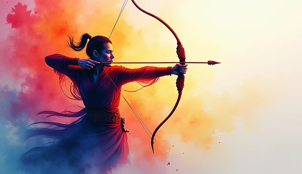 watercolor art person with bow and arrow in hands, hit the right target. The scenes are colorful. (best qualityer, 4K, 8k, high resolution, master part:1.2), u of a, bright coloured, lit studio, , Great atmosphere, radiant light.
