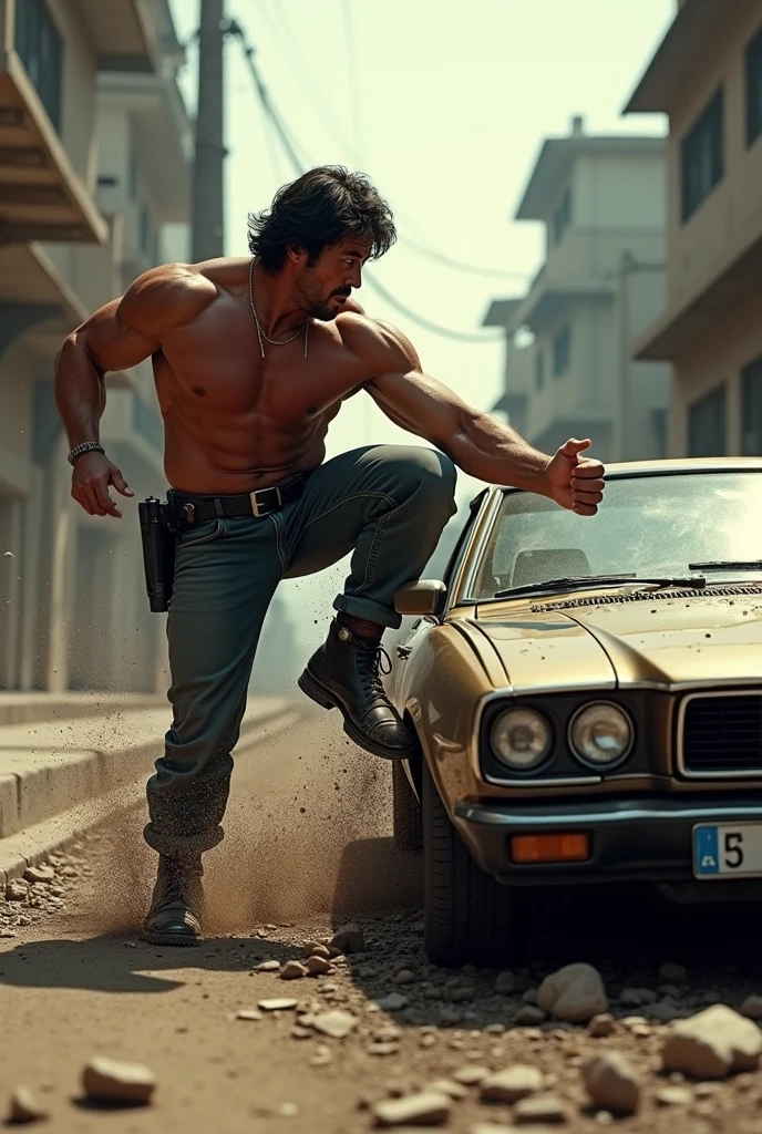 silvester stallone ,John Rambo, breaking a car on the sidewalk with kicks