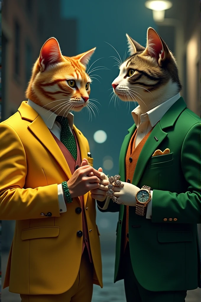One cat is wearing a yellow suit and has a watch at night and another cat is wearing a green suit and has a watch and jewellery in its hand and is meeting the other cat