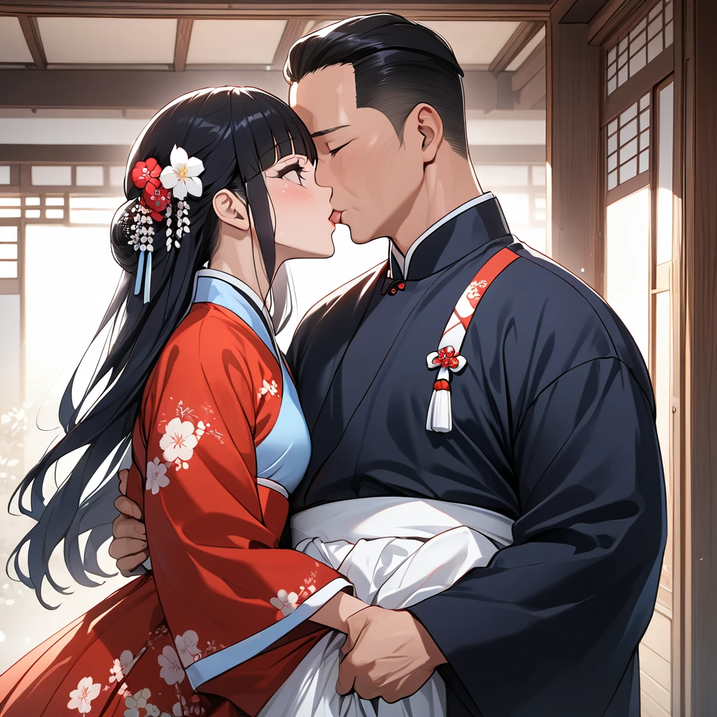 ((Highest quality)), ((masterpiece)), (detailed), （Perfect Face）、The woman is Reika Aoki with semi-long hair、The woman is wearing a North Korean traditional traditional dress and is holding a kiss and vows with a middle-aged North Korean man to get married.