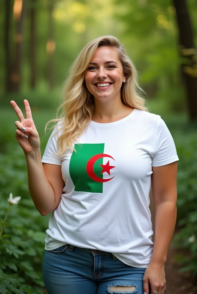 Blonde, plump woman wearing a white and green summer T-shirt with the Algerian flag on it. And she gives the sign of peace with her right hand.. and smile. Green nature background. Realistic picture, she is proud of her country.