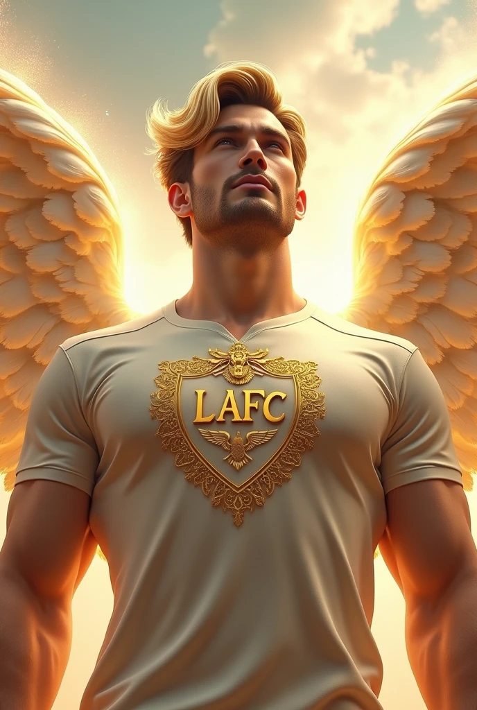 Design a strong male angel with a cream shirt with a logo on the chest in the shape of a shield with the golden letters LAFC worthy of a cover as well as a professional 3d surrealist vs image 