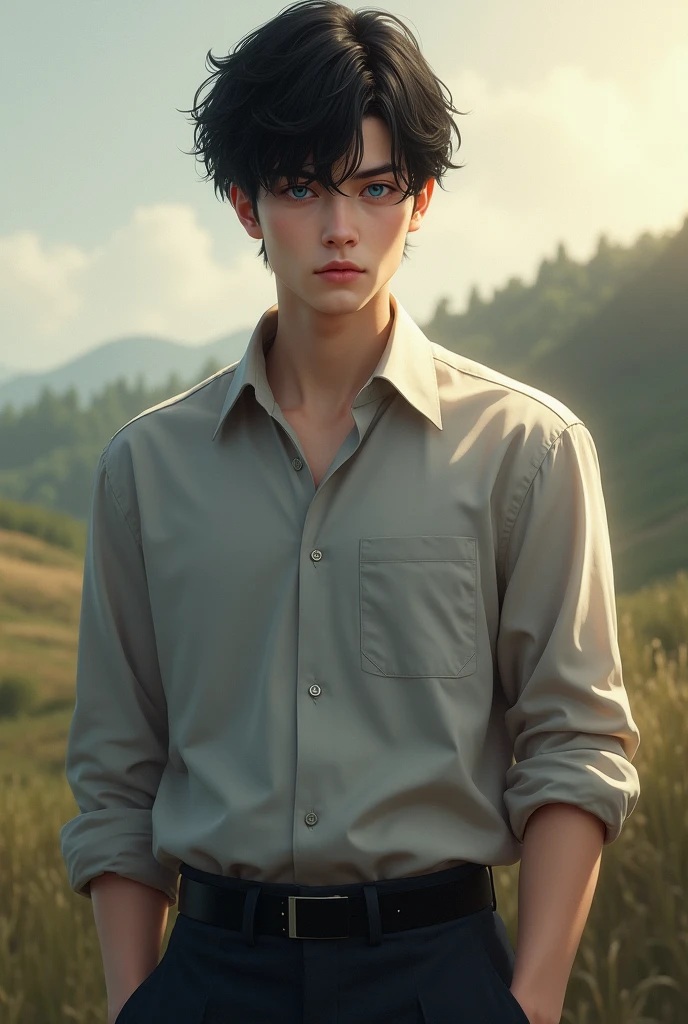 Create a man with the characteristics, most normal: make it realistic, and it shows how it is, not so old, about 20 years old... hair: Jet black, slightly wavy and slightly messy. eyes: intense blues, with an air of mystery, and a little sleepy. face: attractive, with well-defined features and a serene expression. outfit: Neutral tone shirt (like gray or white) and dark pants, with a minimalist and elegant style. Posture: Upright and confident, but with a relaxed air. much more realistic, not so lively, Please, with a countryside background.