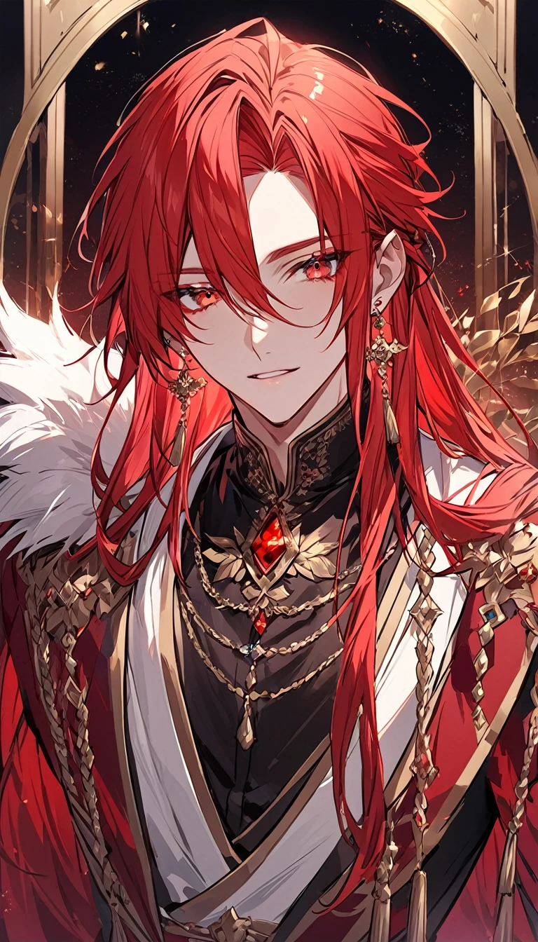 alone, good looking, 1 male, Long hair, red hair, red eyes, noble clothes, Royal Earrings, Front Facing, Vtuber Front Facing Camera