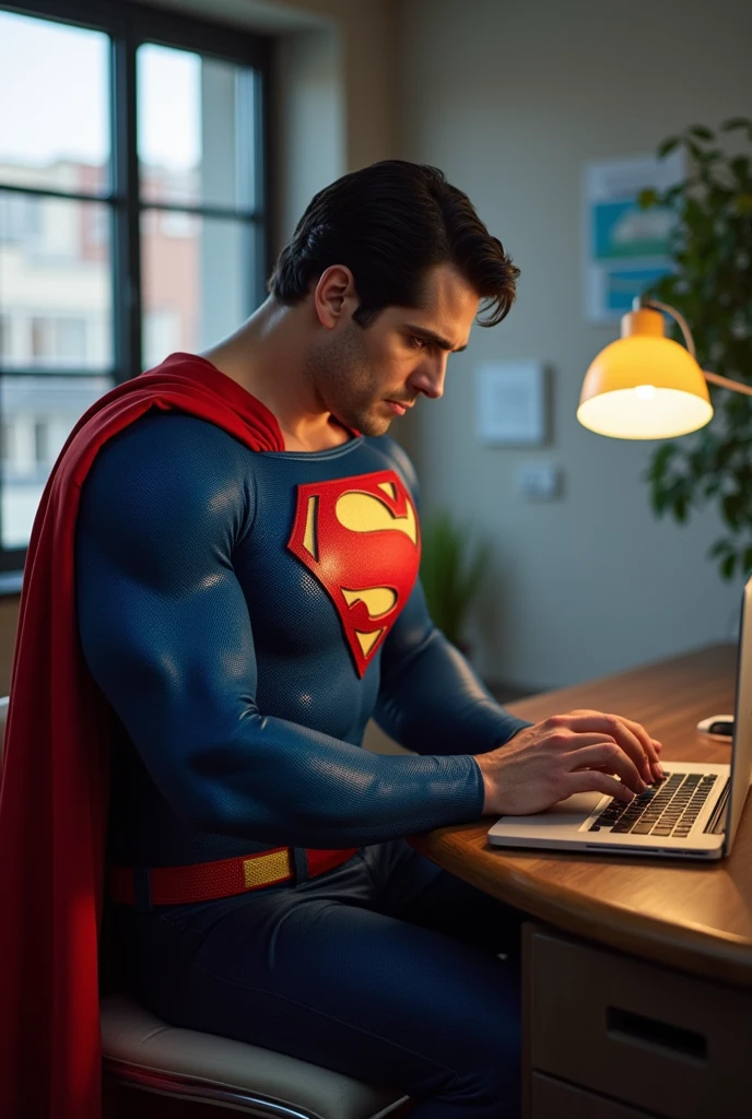 Superman working with laptop in office desnuded very big penis and pectolars gigans