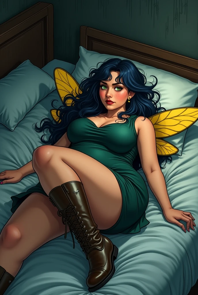 Woman with cinnamon skin, curvy,with a little belly, tired look and green eyes, dark blue hair loose long and unruly, dressed in a dark green empire-cut dress and leather boots, with yellow bee wings on the back, blushing look, lying on a bed, in the dark, Manga drawing style 