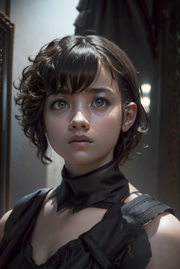 a young girl with short curly hair, anxious expression, full body, looking back, dark atmosphere, cinematic lighting, realistic, detailed face, beautiful eyes, sharp focus, 8k, hyper detailed, photorealistic, dramatic, moody, chiaroscuro lighting, cinematic composition