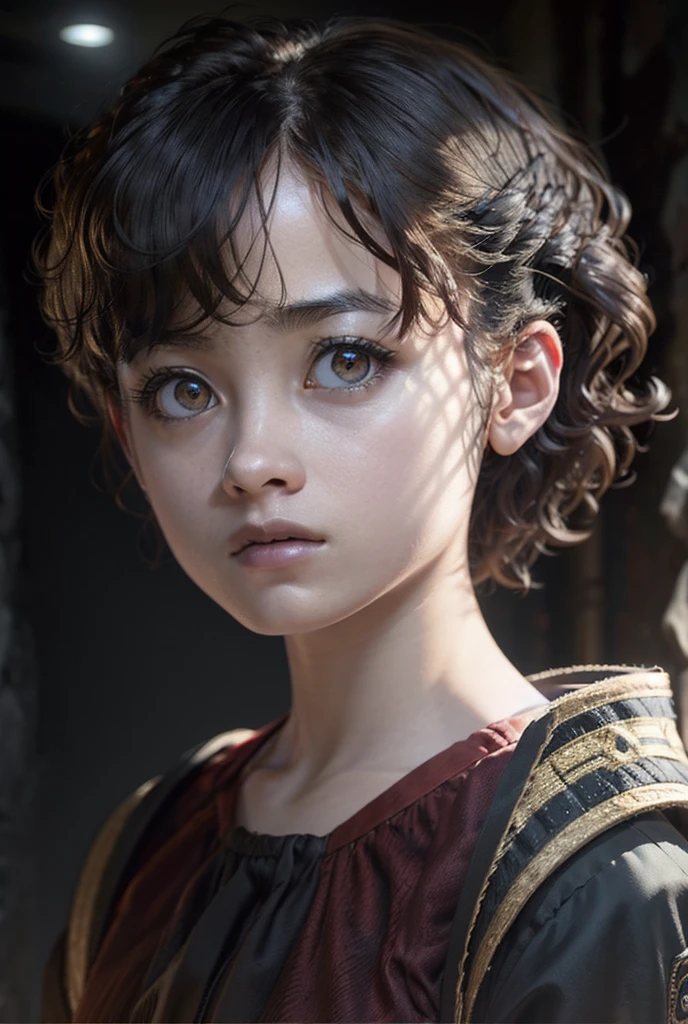 a young girl with short curly hair, anxious expression, full body, looking back, dark atmosphere, cinematic lighting, realistic, detailed face, beautiful eyes, sharp focus, 8k, hyper detailed, photorealistic, dramatic, moody, chiaroscuro lighting, cinematic composition