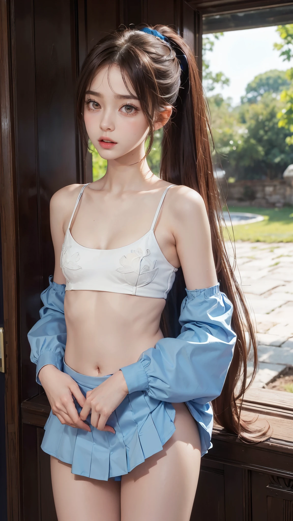Standing with the sandy beach in the background、 long legs、two girls、(((flat chest))), (flat chest:1.1)、((best quality)), ((masterpiece)), (detailed), 1girl, off-shoulder,clothes too big exposing chest,(little chest),(beautiful big eyes:1.3),extremely detailed cute face, (((flat chest))),intricate eyes,beautiful detailed eyes,symmetrical eyes,(((detailed face))),beautiful detailed lips,(nsfw)), ((downblouse, upskirt)),(((flat chest))), (flat chest:1.1)、(baggy, sagging clothes, upskirt, downblouse), dynamic pose,looking at viewer, (((embarrassed))),(horrified expression),(crying),highres,(best quality),(ultra detailed,extremely detailed),perfect face details, ((masterpiece:1.4, best quality))+, (ultra detailed)+, long twintails, cute girl,blue clothes, (flat chest:1.3), small breasts, prominent collarbones, skinny arms, flat stomach, visible hip bones, long hair, red hair, white hair, blonde hair, dark hair, ponytail, thick ponytail, heavy ponytail, small breasts、Ultra high definition, high quality, High-resolution model, High detail, Very detailed,