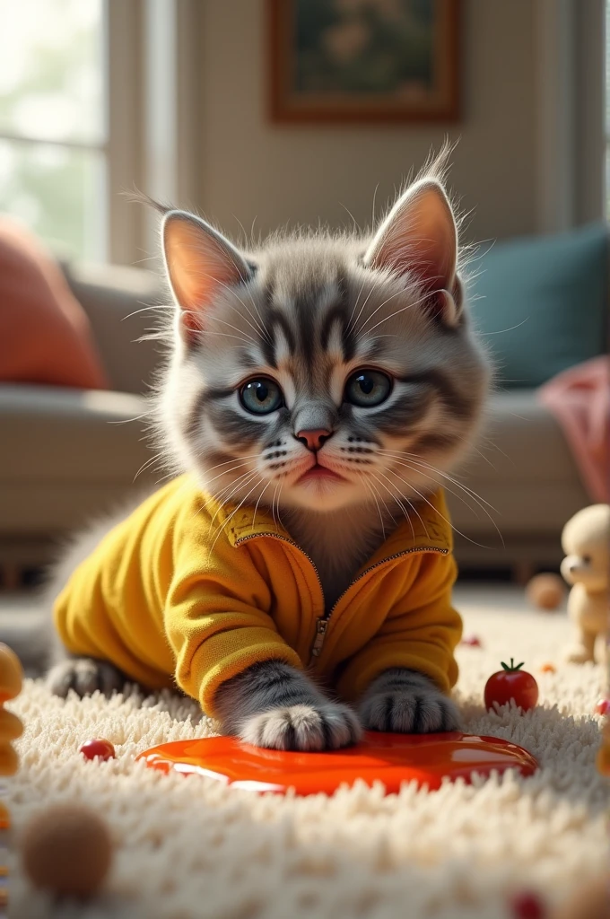 Create a photorealistic image of A small kitten wearing yellow jeans outfit lying on the floor, vomiting, The background shows a cozy living room with scattered toys.