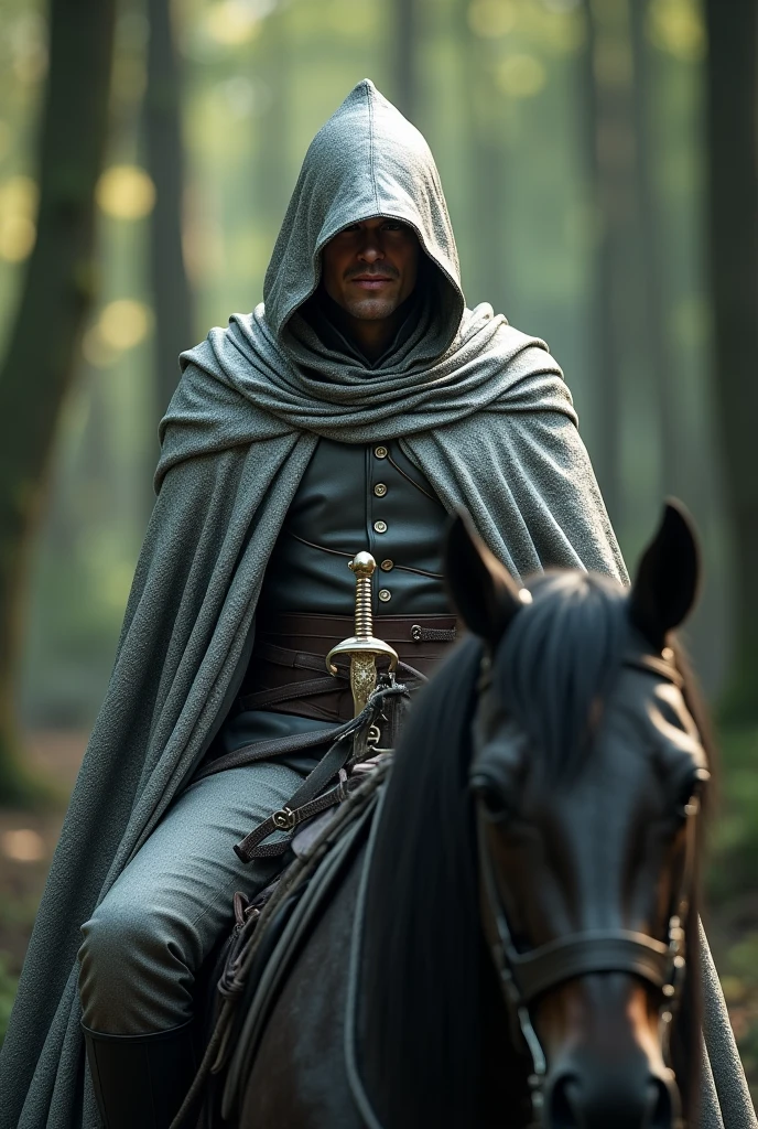 A man sitting on a horse draped in a silver cloak with only his lips exposed (just show his lips and keep his face covered), that have formed into a knowing smirk. He has a sword at his side as he looks at me from where he's sitting on the horse in the forest