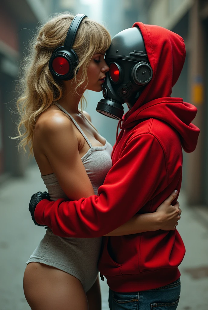 Taylor Swift, realistic, big breasts, full body & Youg boy with red hoodie, headphones, Star-lord helmet, rocket boots, gas helmet, covered mouth, round red, eyes, front cover, kiss on the mouth, Covered face.