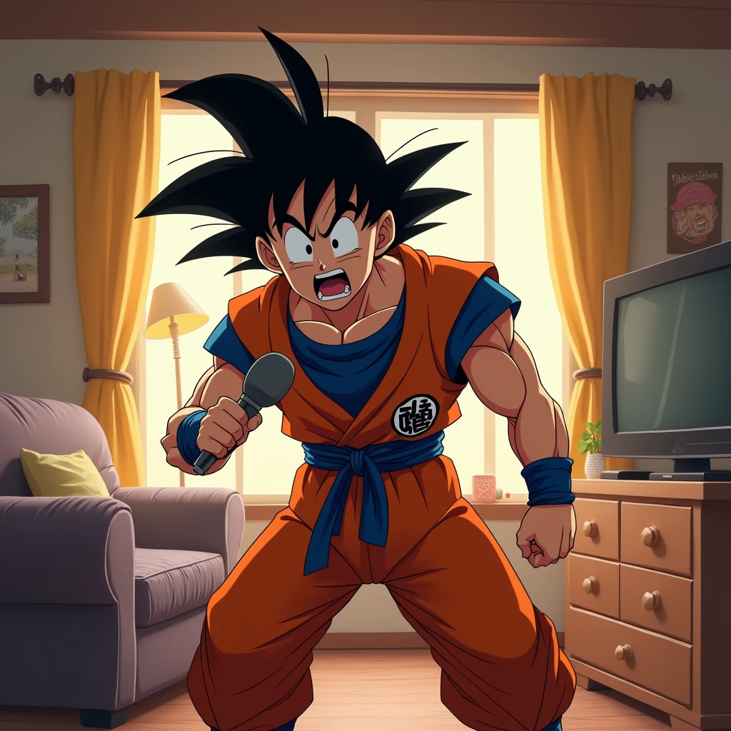 Goku scared in his living room with a microphone in his hand 