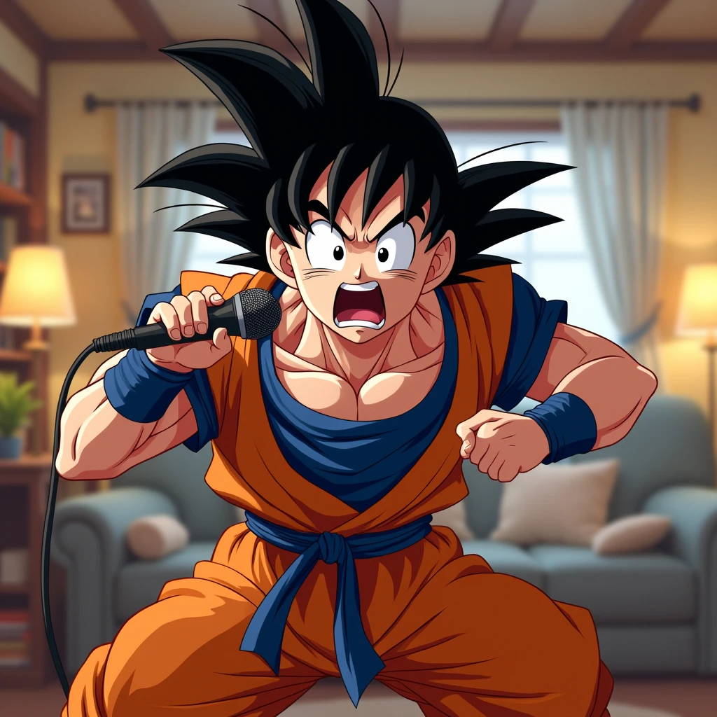 Goku scared in his living room with a microphone in his hand