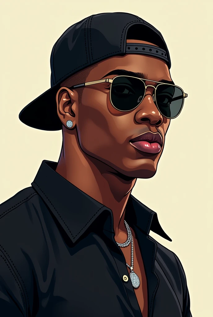 a black man with short hair shaved on the sides, Wearing a cap backwards, diamond earrings in the ears, with black shirt, portraits, sunglasses. anime styling. very dark espresso skin color. wide nose, large lips