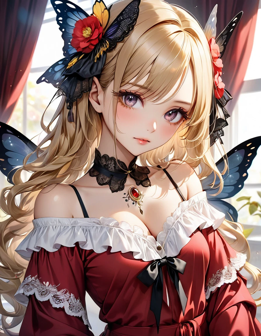 A close-up realistic and artistic portrait painting of a fairy she has a long vibrant sky gold wavy hair styled in loose curls with bangs framing her forehead, ((sexy rasgada roupas decote sensual)) adorned with a black floral bow, serene and contemplative expression, next to her right eye there is a small detailed butterfly wing tattoo, featuring intricate gold and gold patterns with sparkling accents and fine lines resembling veins, The tattoo caveira, consists of delicate black lines forming the wings, with small white dots representing scales. Small white decorative elements resembling flowers, arrows, or tiny branches extend from the wings, creating a sense of depth, wearing a red dress with off-the-shoulder sleeves featuring white lace trim and ruffles with intricate designs, A ribbon is tied into a bow at the center front of t shirt black sensual which has a deep V-neckline., Her expression is calm and gentle The scene is set in an elegant room with walls and a matching curtain featuring subtle cat design, The lighting is soft and even, highlighting the subject's facial ,The overall composition is centered and balanced, creating a whimsical, enchanting, and inviting mood, 8k, photorealistic, trending on ArtStation .by Galr Dfh