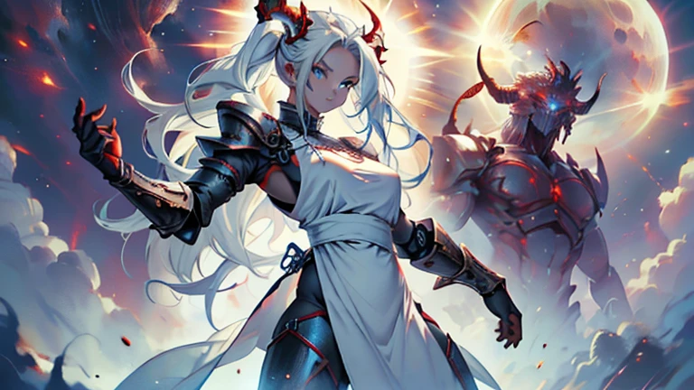 -High quality- -masterpiece- A beautiful woman, very cute, with long white hair, blue eyes that shine, giant breasts, very tall, red horns, big butt, marked body, high curves, white skin, wearing a bib of metal, metal armor pants, holding a small sun in his hand
