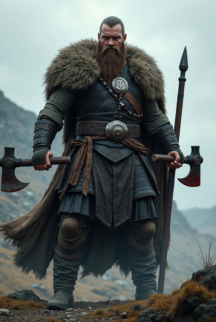 Ragnar lothbrok, met twee bijlen met bloed eraan, klaar om de aanval in te zetten