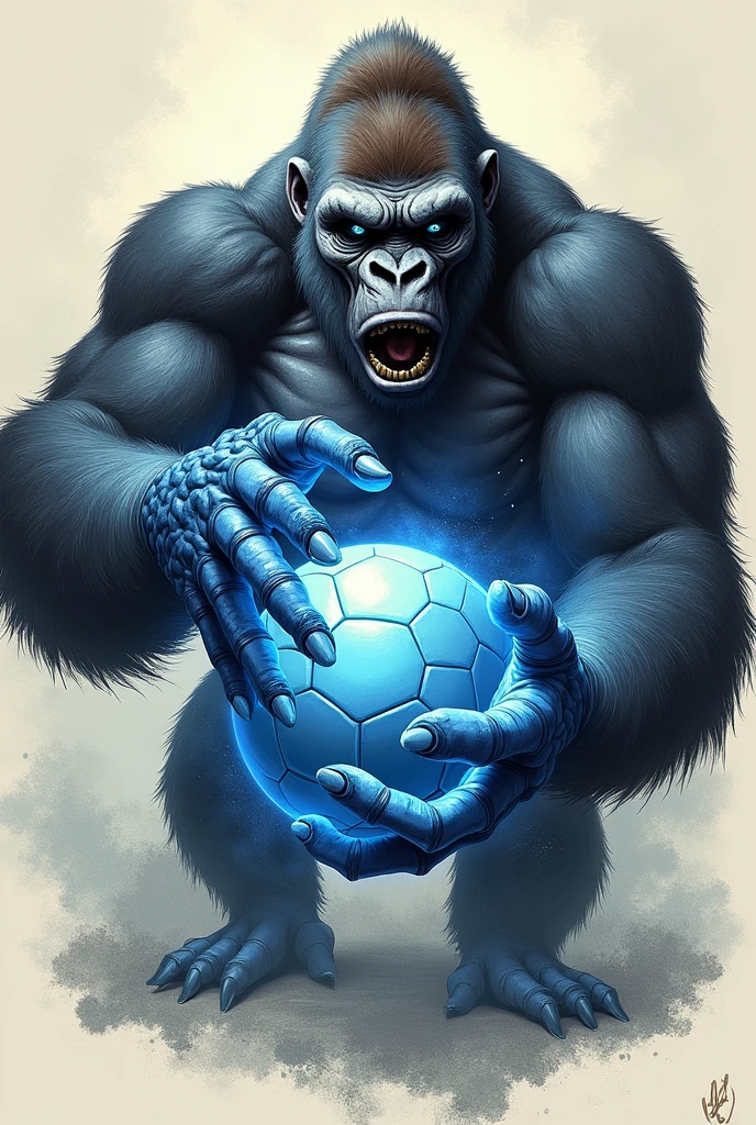 2d drawing format of a very strong gorilla&#39;s hand (strong arms) and very scary blue holding a ball

