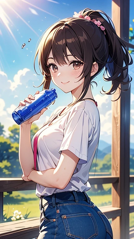 (Brown short ponytail),Staring at us from the front,Beautiful brown hair, Clear brown eyes, A little chubby,Small breasts,Small butt,(((A big smile))),Highest quality, masterpiece, Ultra-high resolution, 8k,,Spring Sky,((Spring Outfits)),Show anime style , One, Soft Line Art, Digital Enhancement, shojo anime touch, shojo manga core, Flowing fabric, close, Soft Drawing, Ultra High Definition Digital Anime Art, Clear facial depiction, Highly detailed girl manga character art, Ultra-detailed manga style, Highest qualityの色, 
Summer landscape,T-shirt and jeans,Sunshine,Sweat on the forehead,(((Drinking bottled water))),(((I hold my hands up in the dazzling sunlight))),Cowboy Shot