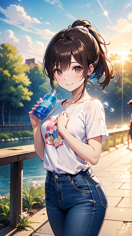 (Brown short ponytail),Staring at us from the front,Beautiful brown hair, Clear brown eyes, A little chubby,Small breasts,Small butt,(((A big smile))),Highest quality, masterpiece, Ultra-high resolution, 8k,,Spring Sky,((Spring Outfits)),Show anime style , One, Soft Line Art, Digital Enhancement, shojo anime touch, shojo manga core, Flowing fabric, close, Soft Drawing, Ultra High Definition Digital Anime Art, Clear facial depiction, Highly detailed girl manga character art, Ultra-detailed manga style, Highest qualityの色, 
Summer landscape,T-shirt and jeans,Sunshine,Sweat on the forehead,(((Drinking bottled water))),(((I hold my hands up in the dazzling sunlight))),Cowboy Shot