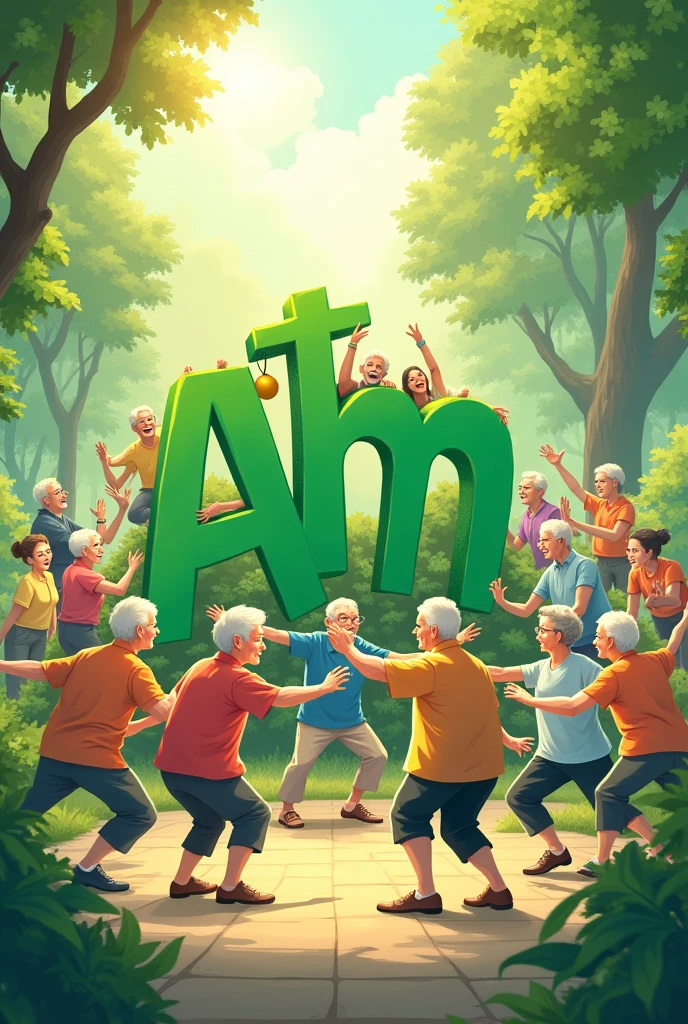 image of the acronym ATM in green with elderly people doing physical exercises, Acupuncture, massage and gymnastics   