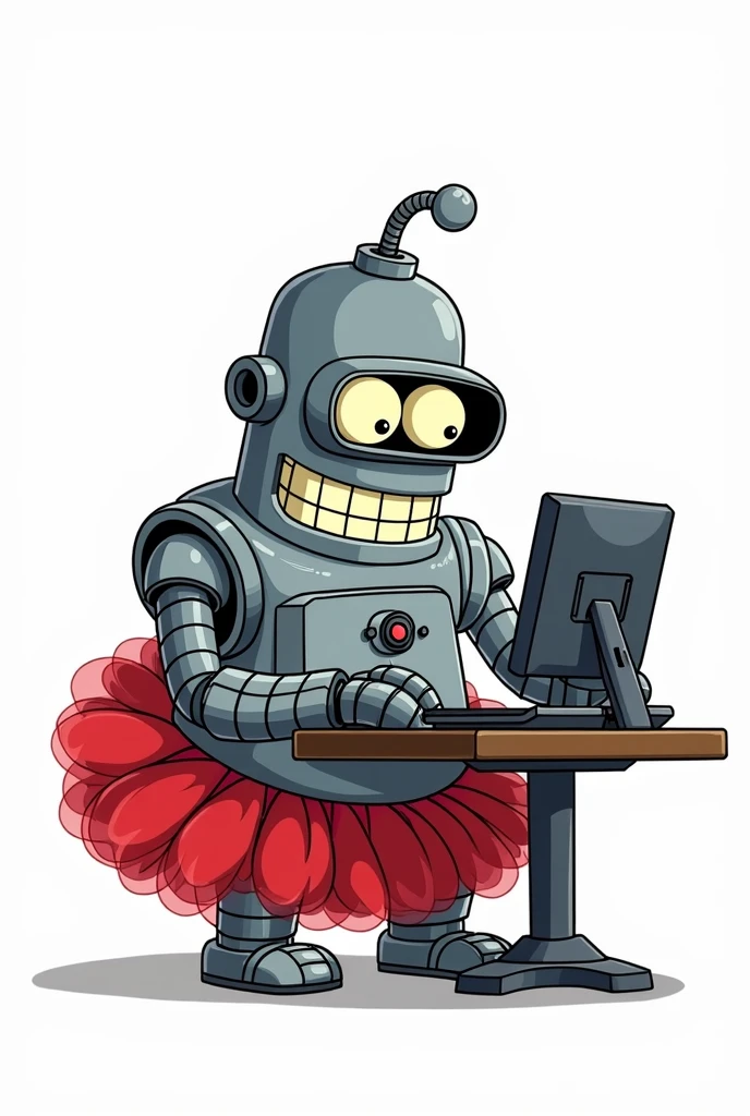 A cartoon-style illustration of a gorilla robot with a design loosely similar to Bender from Futurama. The gorilla robot has a metal body, grey fur, googleyeyes, and a smile. It has control panel on its chest and is wearing a red tutu (#e50046) tutu. isolated on white. sat at a computer