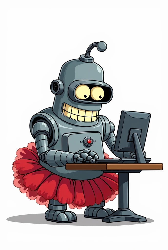 A cartoon-style illustration of a gorilla robot with a design loosely similar to Bender from Futurama. The gorilla robot has a metal body, grey fur, googleyeyes, and a smile. It has control panel on its chest and is wearing a red tutu (#e50046) tutu. isolated on white. sat at a computer