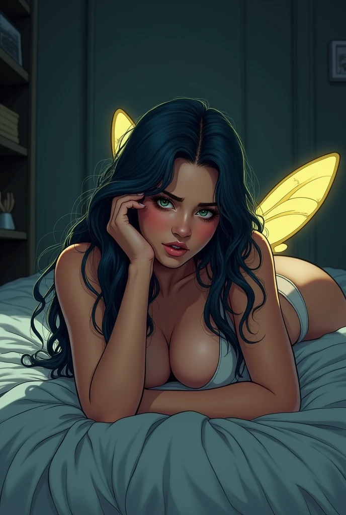 Woman with cinnamon skin, curvy,with a little belly, tired look and green eyes, dark blue hair loose long and unruly, dressed in a dark green empire-cut dress and leather boots, with yellow bee wings on the back, blushing look, lying on a bed, in the dark, Manhwa comic drawing style