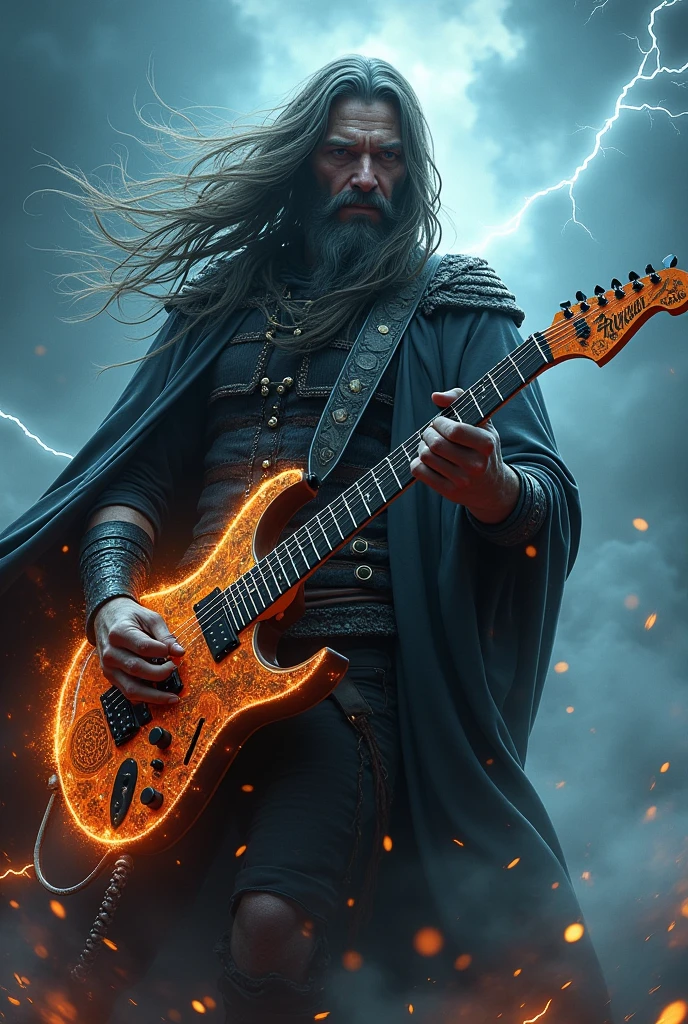 Create a heavy metal wizard with his power forged guitar