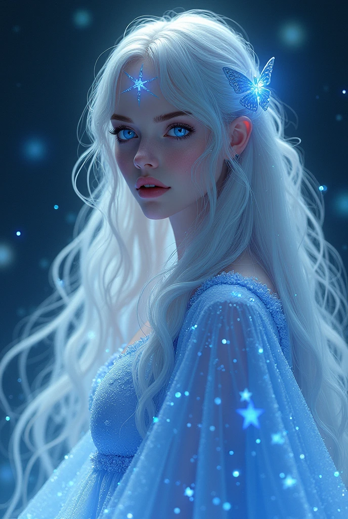 Luna has an ethereal appearance, with pale skin, that shimmers in the moonlight. Her hair is long, silver and flows like a gentle waterfall over her shoulders. Her eyes are large and shine in a deep blue, like the night sky, speckled with stars. She wears a flowing one, blue-silver robe, das like the night sky aussieht und von leuchtenden Sternen durchzogen ist. Her movements are graceful and seem to slow down time itself.
