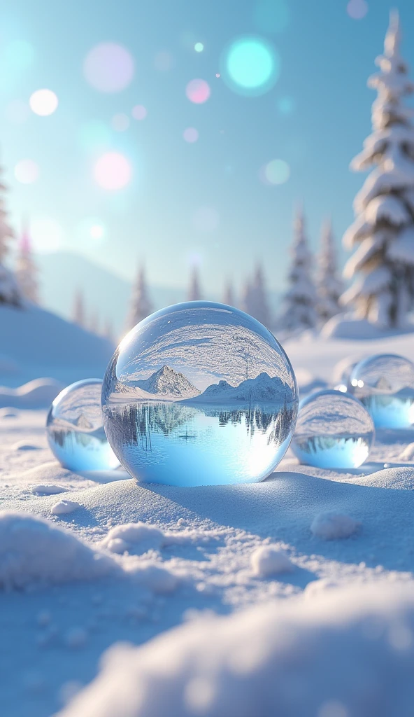 Snowy scenery reflected in a round crystal ball Lots of round crystal balls On top of the piled up snow Iridescent sky
