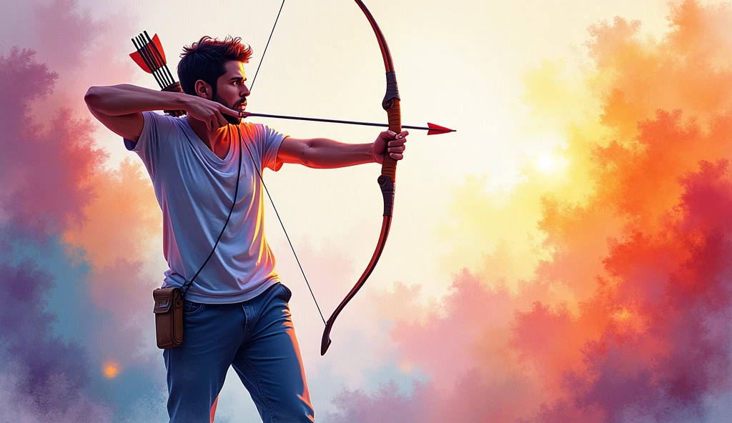 watercolor art person with bow and arrow in hands, hit the right target. The scenes are colorful. (best qualityer, 4K, 8k, high resolution, master part:1.2), u of a, bright coloured, lit studio, , Great atmosphere, radiant light. the person dressed in sports pants and a t-shirt