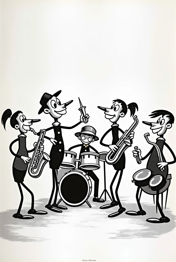Rubberhose cartoon black and white band instruments