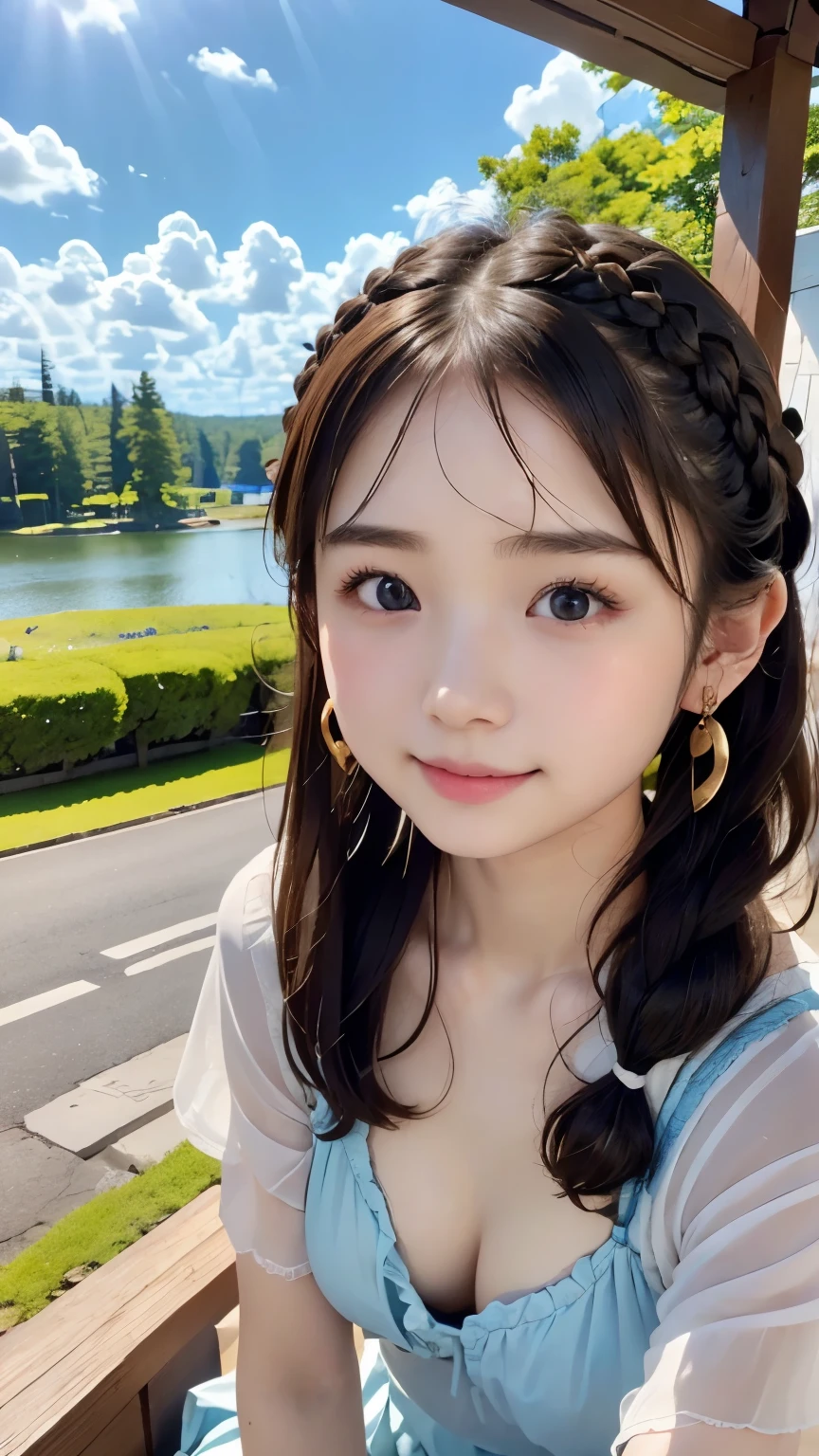 Highest quality、masterpiece、Portraiture、angle above the knee、Cute Japanese Girl, Baby Face、(Brown Hair), ((French Braid)), Perfect Face, An innocent smile, Upper Body,(Grey Eyes), (small), (thin)、((small胸)), ((Only 16))、 Skin dentition, Very detailed, Attractive oval face, Red lips, Red cheeks, Glowing Skin, Thin Hair, Face Focus, Gorgeous hair ornament, Gold earrings, Light blue camisole dress、Summer sunshine、Lake Morren, Canada、Beautiful lake、blue sky