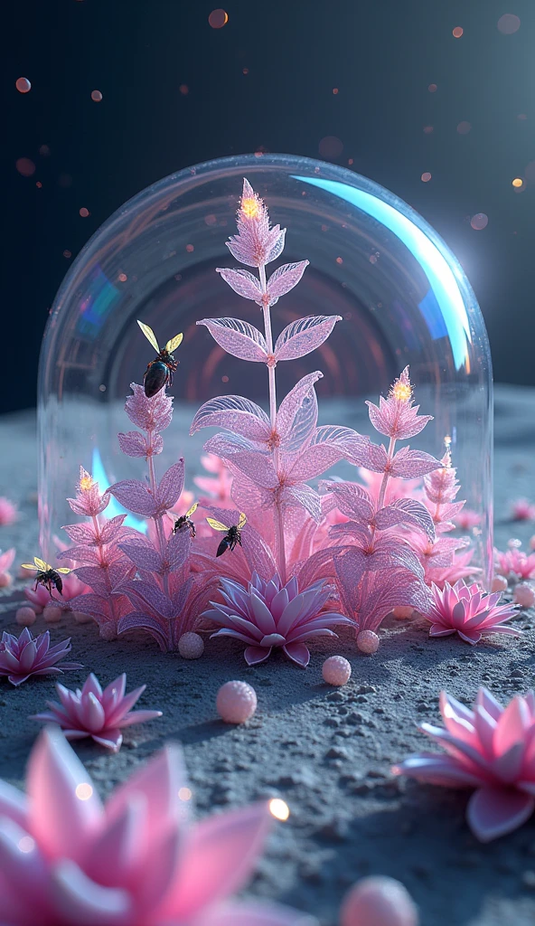 The Moon's Glass Gardens: "Visualize an expansive garden on the moon, with plants made entirely of glass. Each flower and leaf refracts the sunlight, casting rainbows across the lunar surface. The garden is encased in a translucent dome that protects it from the harsh vacuum of space, and within, the air shimmers with floating particles of light. The plants grow in intricate, geometric patterns, and small, glowing insects pollinate the flowers, their wings beating with a faint hum that echoes through the dome."