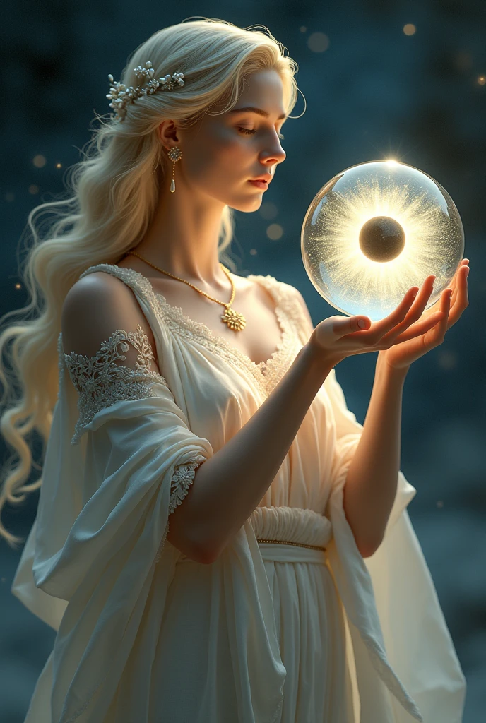 Greek celestial goddess holding a solar eclipse in a small crystal sphere