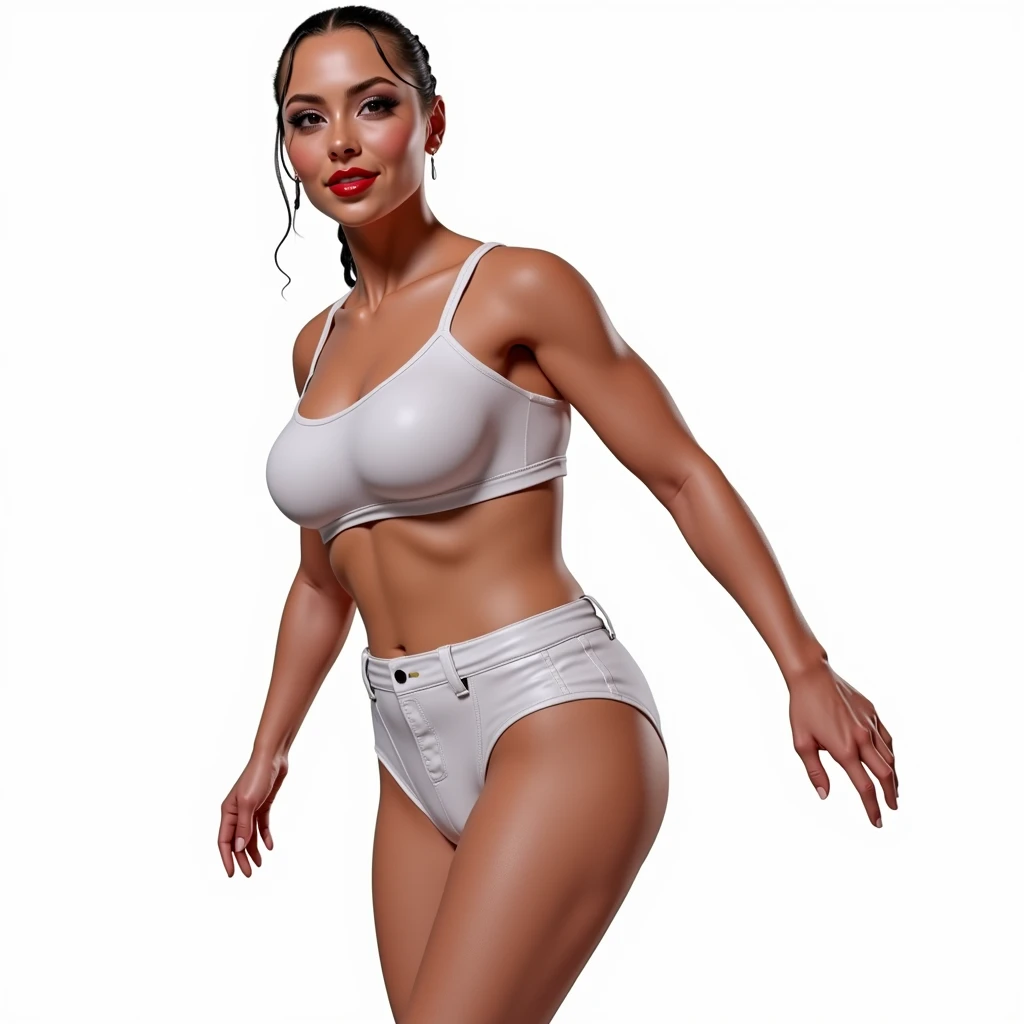 (masterpiece, best quality)), ((((perfect anatomy)))), Brazilian woman with tied back black braids, dark eye-shadow, dark red lipstick, dark brown eyes, white bra , (((white high cut cotton panties))), smiling, big hips, walking around in a locker-room, (((photo realistic)))