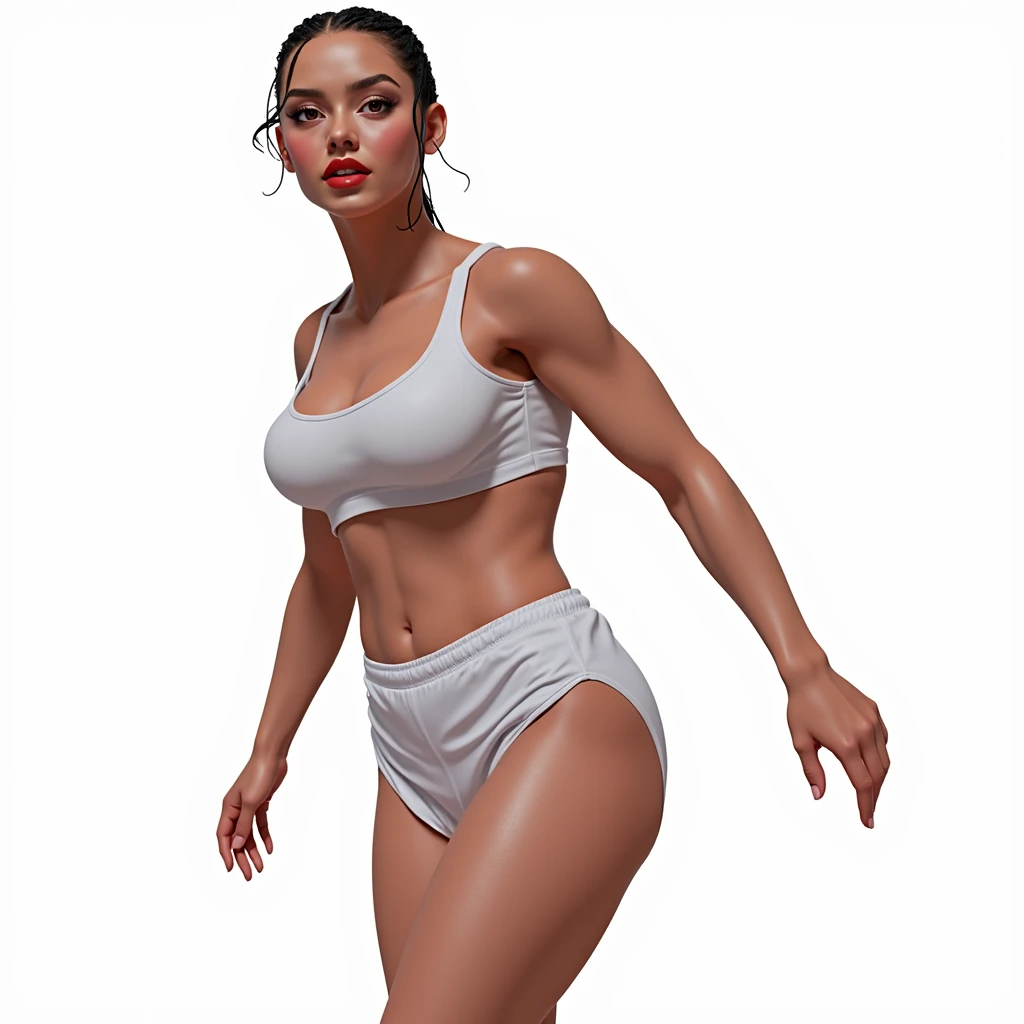 (masterpiece, best quality)), ((((perfect anatomy)))), Brazilian woman with tied back black braids, dark eye-shadow, dark red lipstick, dark brown eyes, white bra , (((white high cut cotton panties))), smiling, big hips, walking around in a locker-room, (((photo realistic)))