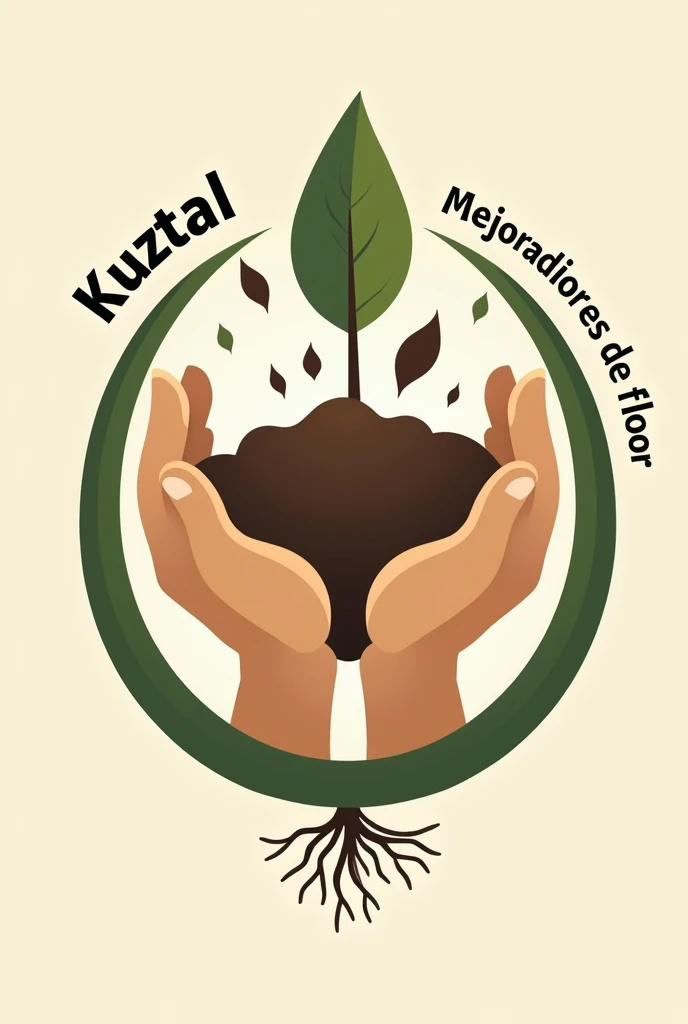 logotipo para un proyecto de mejoradores de floor, from composting, Includes, unas manos sosteniendo floor, (floor)  falls from above, Includes el nombre de "KUZTAL" a circle that surrounds everything, in the bottom, en forma de circulo Includes el texto de "mejoradores de floor" in the form of roots