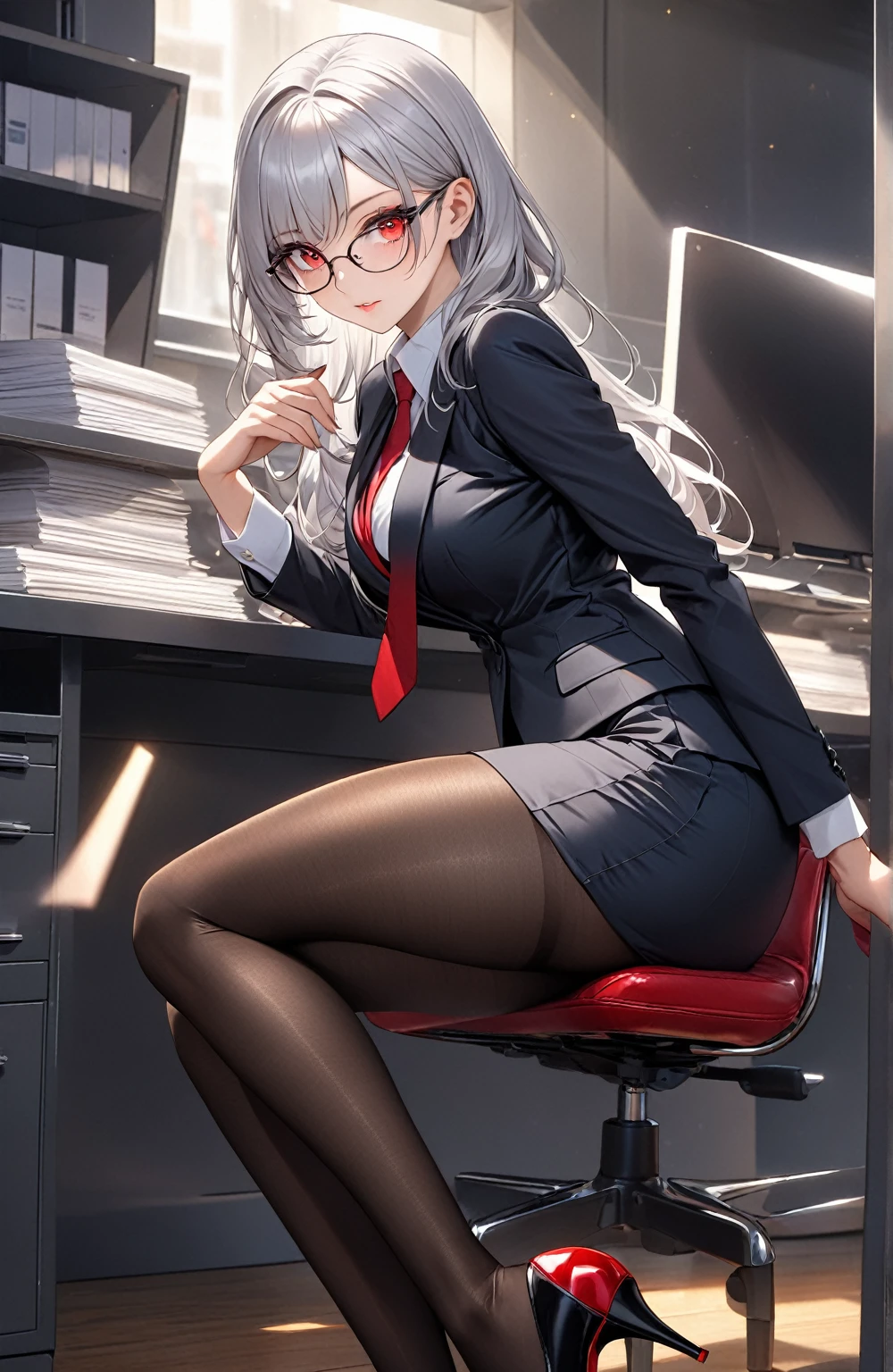 Ultra high resolution, rich colors, perfect image, top quality, detailed image, beautiful single woman, glowing skin, skin and clothing texture, delicate eyes, office, secretary, women's suit, tight skirt, black pantyhose, heels, long silver hair, red eyes, glasses
