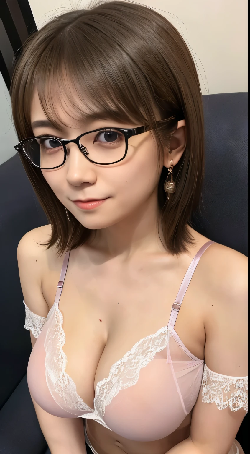 photo Realistic:1.2, 最high quality, 最high quality, Ultra-high resolution, RAW Photos, (((Burstingly Big Breasts:1.5)))、((Tight abdomen))、Realistic, Bright lighting, Face Light, Smooth Professional Lighting, Looking into the camera, alone,(Perfect body structure):2.0, Adult female, ((Japanese,)) (((Beautiful woman))), (((Super Beauty))), Realistic skin, Moisturized Skin, (Realistic eyes and faces):1.5, Perfect model body shape, Beautiful Eyes, Big eyes, Inconspicuous tear bags, slim, very good, No makeup,Beautiful fingers, Very short hair, Brown Hair, Brown eyes, (Looks happy), (Both ears are covered by hair), Cowboy Shot), (Glasses with pink frames), (((Biomechanical))), (((Gorgeous sheer lace lingerie ))),Sitting with Raise your knees on sofa:1.8, Raise your knees:1.5, Spread your legs:1.9, masterpiece, masterpiece, Anatomically correct, Attention to detail, high quality, Browsing Caution