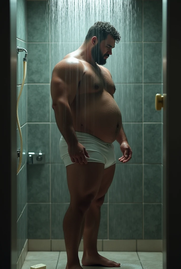 Side view, Side, Side view, JOGADOR DE RUGBY parrudo de fully body cueca boxer branca, taking a shower under the shower turned on, protruding belly on display, fully body, fatter, soap at your feet, bathroom background with shower on, humid, vapour, water, immersive and sensual lighting
