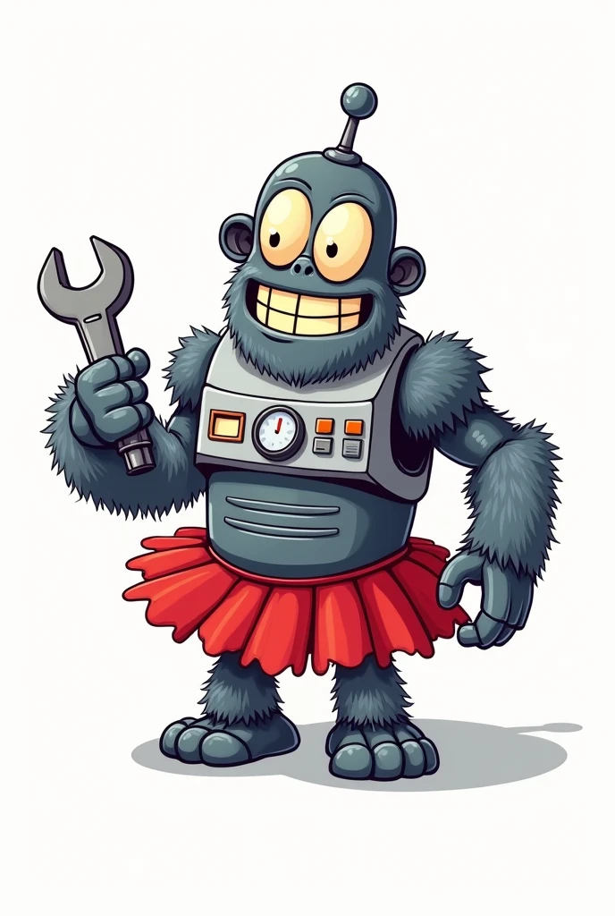 A cartoon-style illustration of a gorilla robot with a design loosely similar to Bender from Futurama. The gorilla robot has a metal body, grey fur, googleyeyes, and a smile.  It has control panel on its chest and is wearing a red tutu (#e50046) tutu. isolated on white. holding a large wrench