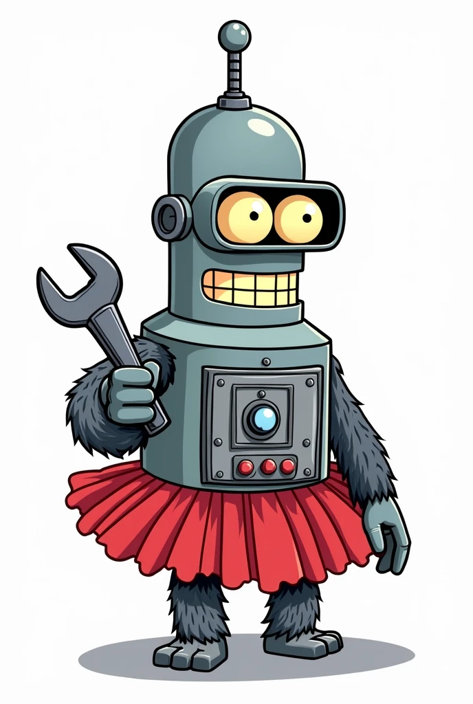 A cartoon-style illustration of a gorilla robot with a design loosely similar to Bender from Futurama. The gorilla robot has a metal body, grey fur, googleyeyes, and a smile. It has control panel on its chest and is wearing a red tutu (#e50046) tutu. isolated on white. holding a large wrench
