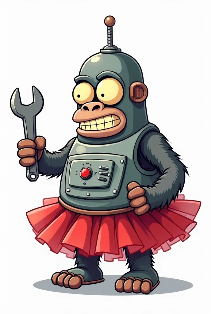 A cartoon-style illustration of a gorilla robot with a design loosely similar to Bender from Futurama. The gorilla robot has a metal body, grey fur, googleyeyes, and a smile. It has control panel on its chest and is wearing a red tutu (#e50046) tutu. isolated on white. holding a large wrench