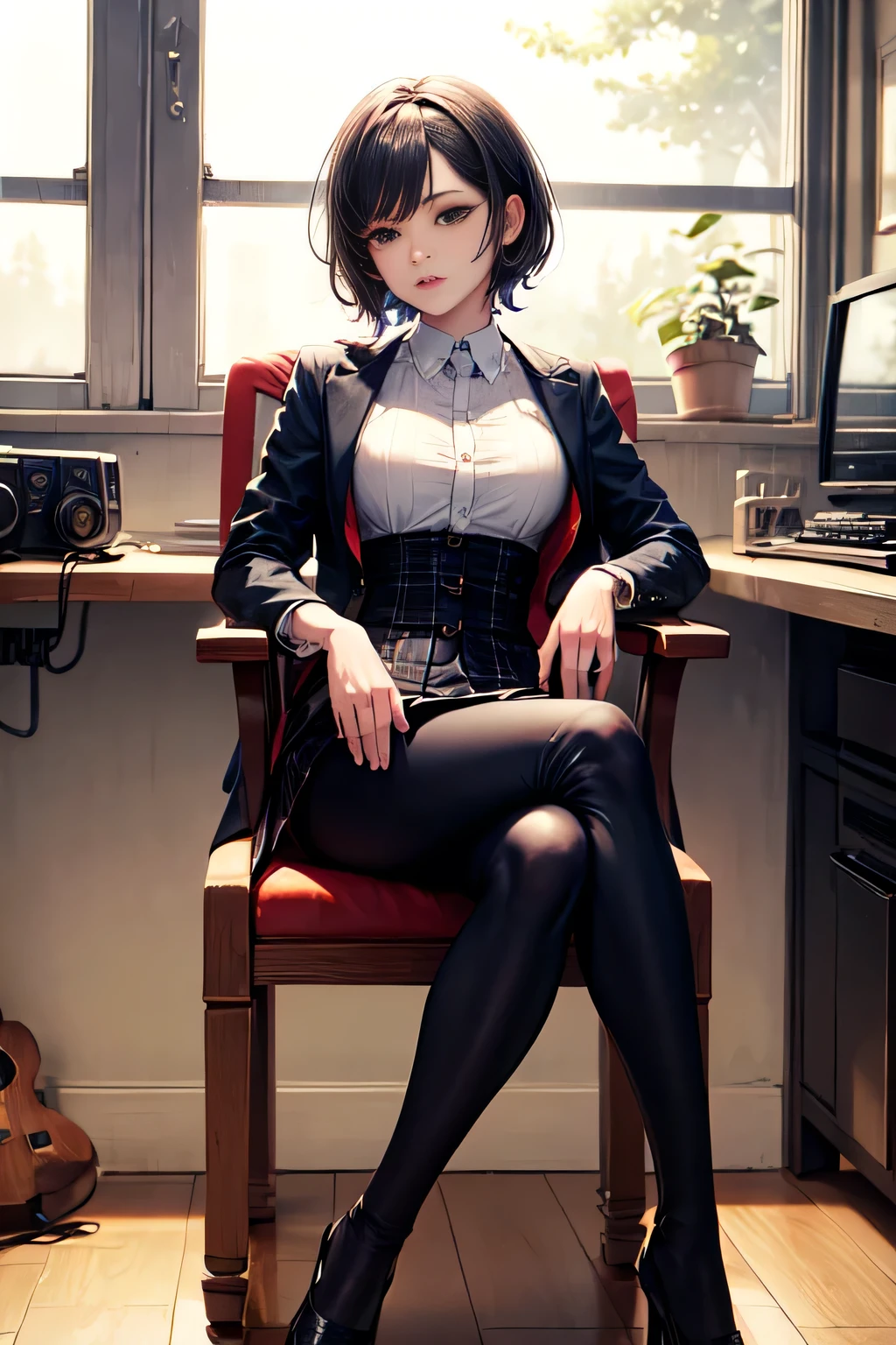 Female character jealous of the male work for trap music cover broken heart in the background and the male character sitting on a chair, 1 girl, short hair