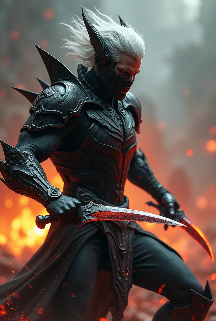 (photoralism:1.2), Very detailed, Ultra-high resolution, High Contrast, masterpiece, Hellish fiery scene, futuristic mask, man, detailed demon armor, fighting pose, white hair, white skin, bloody, holding scary daggers, scary,