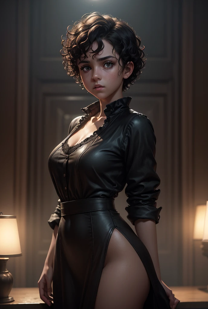 a young girl with short curly hair, anxious expression, full body, looking back, dark atmosphere, cinematic lighting, realistic, detailed face, beautiful eyes, sharp focus, 8k, hyper detailed, photorealistic, dramatic, moody, chiaroscuro lighting, cinematic composition