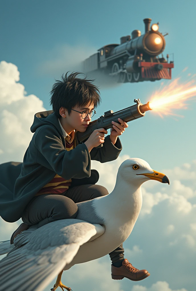 Harry potter surfing on a seagull firing an RPG at a flying train.